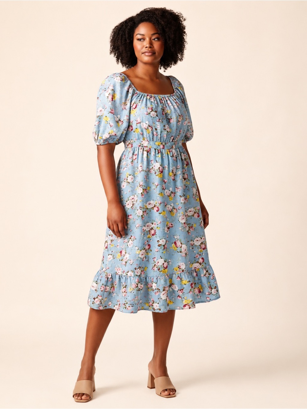Kojooin Floral Puff Sleeve Cutout Tie Back Midi Dress XXL 2X